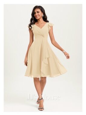 Elegant Champagne Flutter Sleeve V-Neck Dress